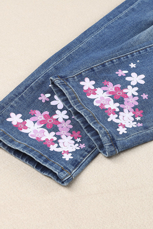 Sky Blue Cherry Blossom Pattern Splicing Mid Waist Distressed Jeans